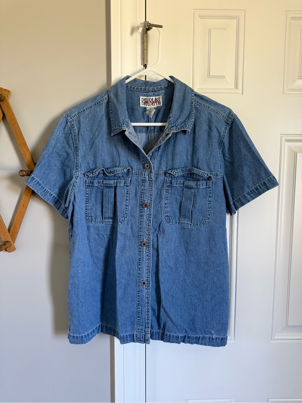 bill blass Short-Sleeve Denim Button-Up Shirt - Blue